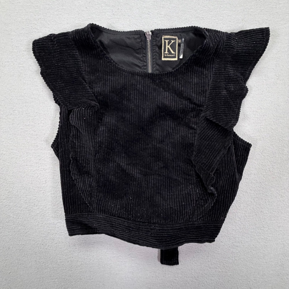 K By Kinnuran's Corduroy Crop Top Women Medium‎ Good Black Ruffle Tie Back